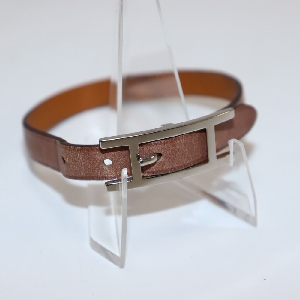Hermès‎ H Leather Bracelet Brown Leather Palladium Hardware Paris France
